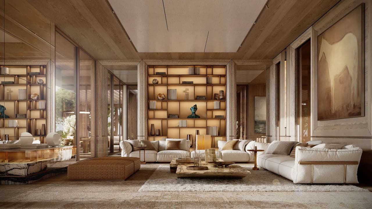 Rendered interior living space showing layout, material and lighting choices reviewed before construction