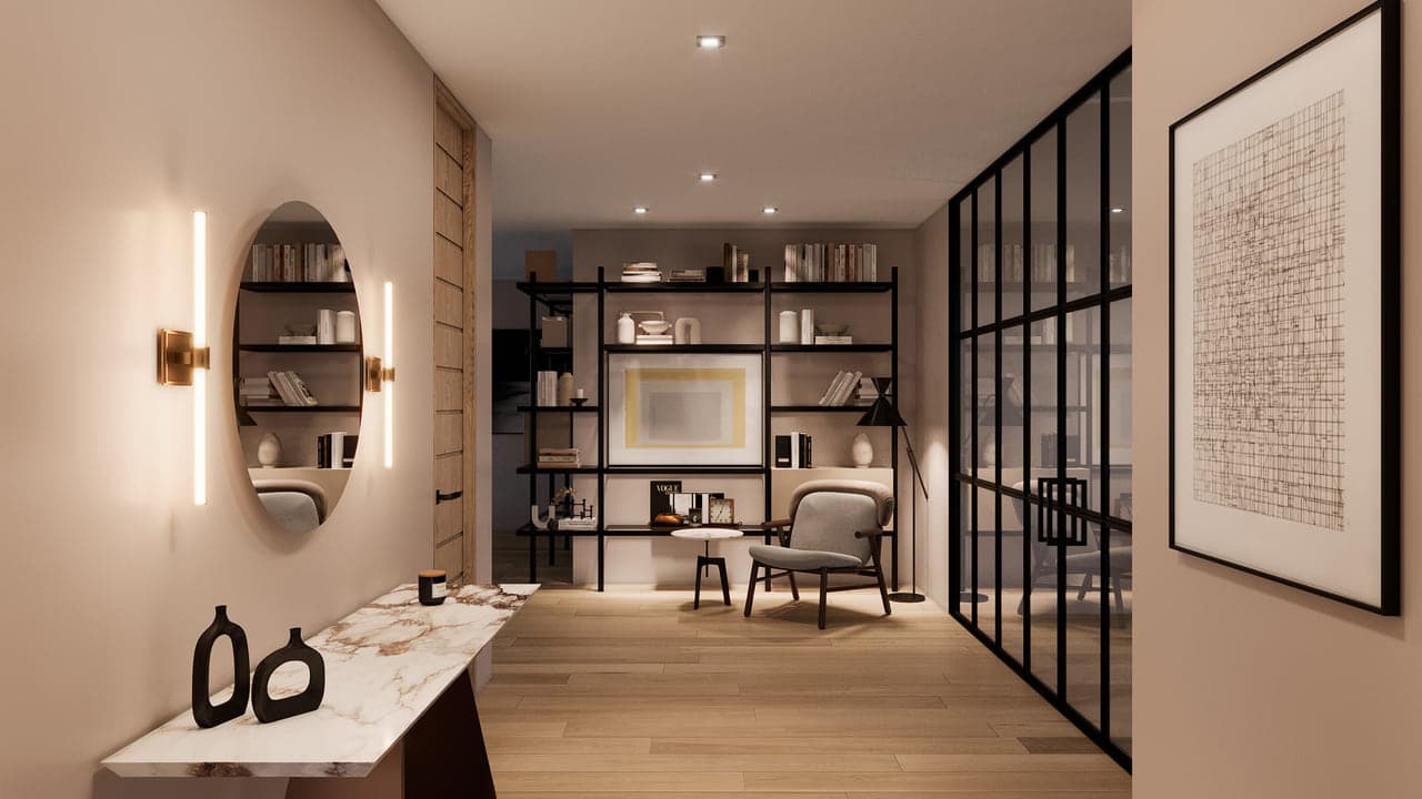 A warm light wood floor running through a Coconut Grove hallway, past a black-framed glass partition, built-in shelving and a marble console