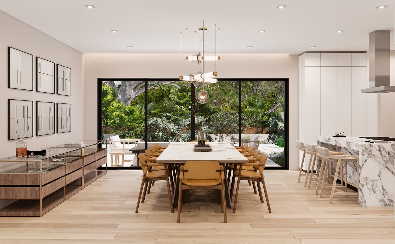 Dining room with a sculptural table and pendant lighting in the Samana residence by LUXOM, Miami