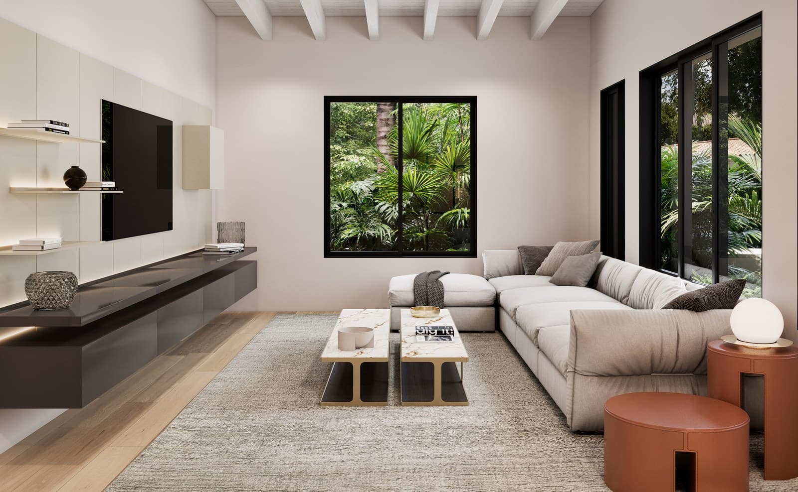 Media and family room with a low sectional and integrated screen wall in a LUXOM residence, Miami
