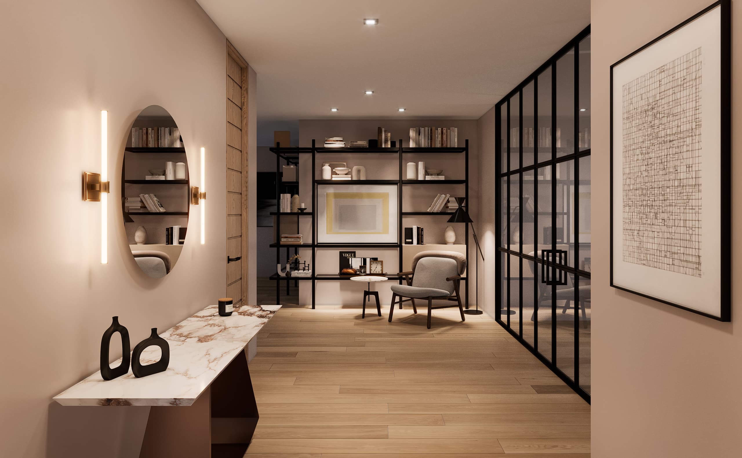 Entry foyer with built-in shelving, black-framed glazing and a stone console in the Samana residence by LUXOM
