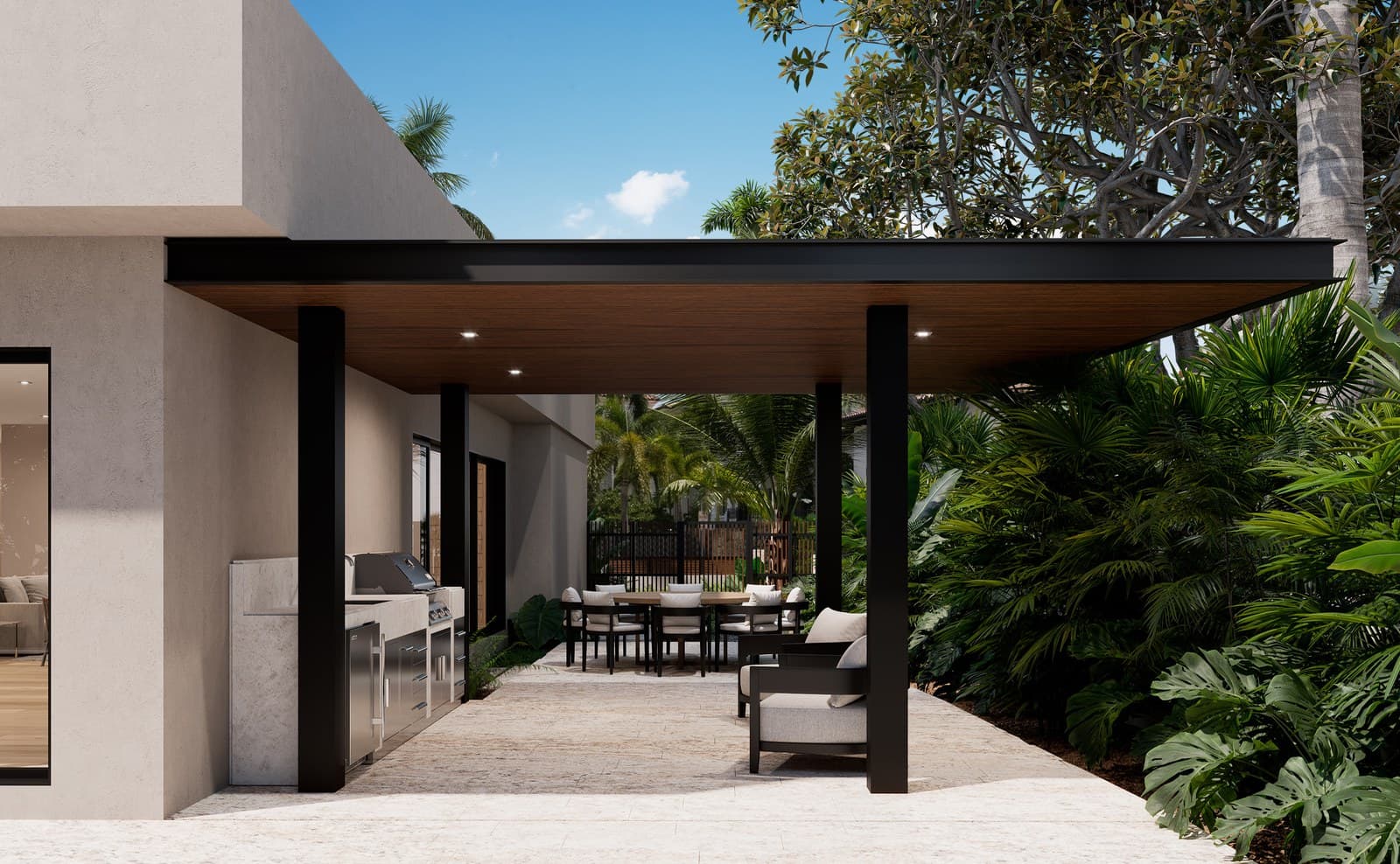 Covered outdoor kitchen and dining gazebo in the Samana residence by LUXOM, Miami