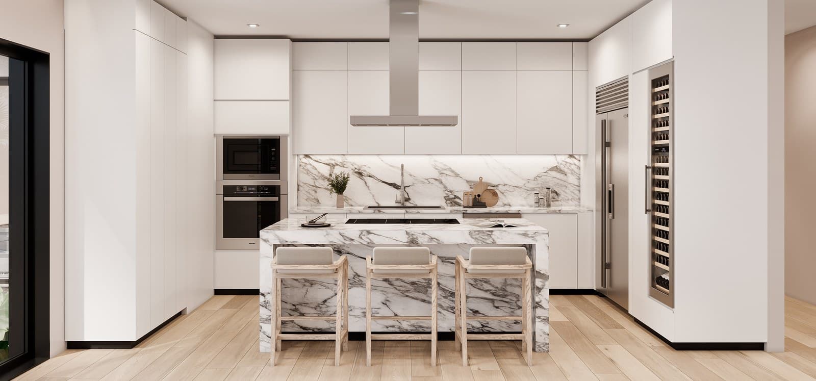 Custom kitchen with a stone island and integrated hood in the Samana residence by LUXOM, Miami